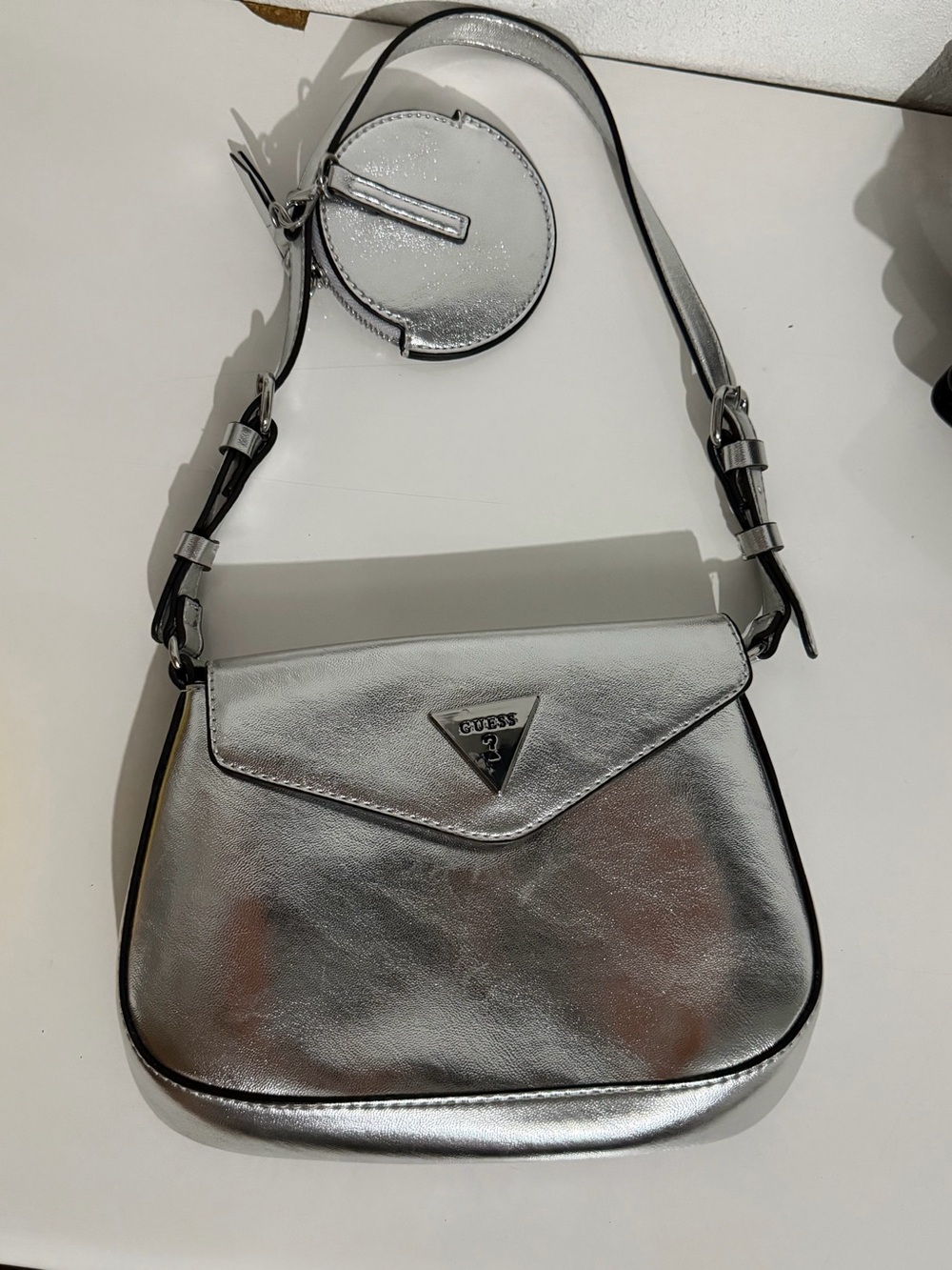 GUESS Silver Metallic Shoulder Bag with Detachable Coin Pouch